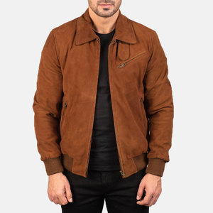 Men's <b>Suede</b> Bomber <b>Jacket</b> Turn-Down Collar Zip Front Casual Autumn Wear Regular Fit Solid Color Brown - Product Image 1