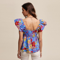 Summer Elegant Backless Flower Print Cinched Sweetheart Blouse Women