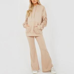 100% coton délavé à l'acide sweat à capuche évasé et survêtements pantalons pour femmes meilleure vente personnalisé deux pièces femmes survêtements évasés - Product Image 1