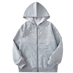เสื้อมีฮู้ดผ้าฝ้าย100% 400GSM เบาประดับพลอยเทียมสีเทาอ่อนสำหรับผู้หญิงเสื้อสเวตเชิ้ตออกแบบโลโก้ได้ตามต้องการดีไซน์รูปปีกดาวสำหรับสตรีทแวร์มีซิป - Product Image 1