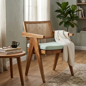Natural Teak Wood Woven Rattan <b>Armchair</b> V Leg Chandigarh Style Cushioned Accent <b>Dining</b> Chair Outdoor Patio Setup Art Decor - Product Image 2