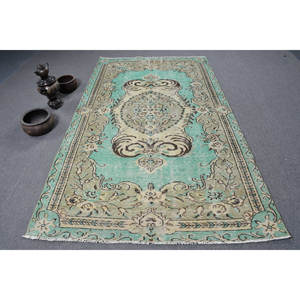 Alfombra clásica de lana verde Beige de 5,2x8,9 pies Vintage turco área grande rectángulo Patchwork diseño abstracto látex para uso en pasillo - Product Image 1