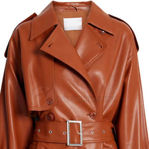 2024 vêtements d'extérieur de luxe personnalisés pour les femmes à manches longues ceinture revers Trench ample respirant noir PU Faux cuir veste - Product Image 5