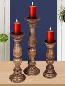 Portavelas de Pilar Portavelas de granja alto de madera Juego de 3 Portavelas de pilar de madera Altura (16 + 14 + 12) pulgadas Quemado - Product Image 2