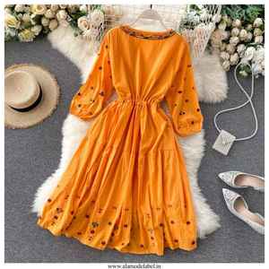 Robe mexicaine brodée florale bohème pour femmes 100% coton décontracté à manches longues avec taille naturelle noir lavable - Product Image 5