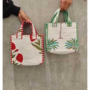 <b>Red</b> Poppy Handblock Tote Mini <b>Bag</b> Custom Design PU Open Closure Water Resistant Embroidery Letter Decoration Solid Color for All - Product Image 1