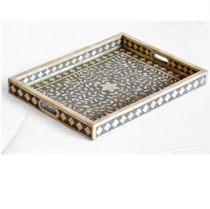 Plat de service artisanal en bois avec incrustations d'os pour la décoration de table de mariage, de fête, de nourriture, de fruits, de café, finitions pour hôtels - Product Image 2