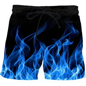 Heren 3D-geprinte Strandshorts, Sneldrogende Blauwe Vlam Fitnessshorts, Korte Broek Met Leuke 3D-straatprintmode