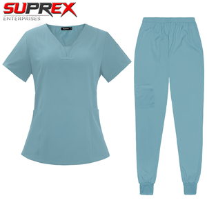Ensemble de tenue médicale en coton pour femme : haut à col en V et pantalon jogger, uniforme d'infirmière en tissu respirant et extensible, haut à manches courtes élastique - Product Image 3