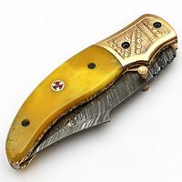 Couteau pliant artisanal industriel ZR ZT-F10 en acier Damas, manche en os de chameau jaune, étui en cuir, support OEM, lame en acier