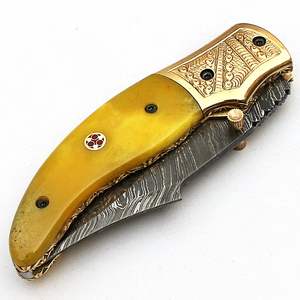 Cuchillo plegable de Damasco hecho a mano personalizado, cuchillo de bolsillo con mango de hueso de camello amarillo, Funda de cuero, soporte OEM, Material de hoja de acero - Product Image 5