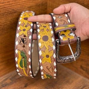 Nouveau véritable haute qualité en cuir véritable outillage Western tournesol taille ceintures élégant à la main outillé en cuir sculpté unisexe ceintures - Product Image 1