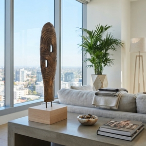 Sculpture ovale Lumintu Baygon en bois de teck sculpté à la main, style moderne, avec double anneau, base de statue, unités décoratives d'appoint pour mariage - Product Image 2