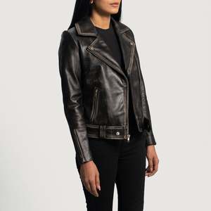Veste de motard en similicuir marron Rumy avec motif vieilli, col montant en tissu satiné - pour toutes les saisons - Product Image 2