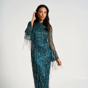 Vestido de Fiesta Maxi con Flecos, Tul, Corte en A, Bordado Elegante con Cuentas y Lentejuelas, Diseño Floral, 100% Poliéster - Product Image 1