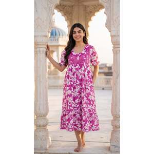 Premium 100% Cotton Floral Full Length <b>Long</b> Sleeve Nightgown for Women-Summer Round Neck Quick Dry Casual Style - Product Image 3