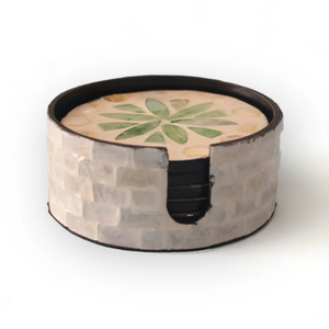 Posavasos Decorativos Redondos de Nácar con Tapa con Diseño de Hojas, Organizador Hecho a Mano con Incrustaciones de Concha para Decoración del Hogar - Product Image 2
