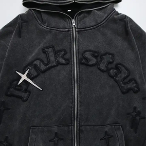 High Quality Streetwear <b>Vintage</b> Washed Distressed <b>Zip</b> <b>up</b> <b>Hoodie</b> 450Gsm Heavyweight 100% Cotton Acid Wash Full Face <b>Zip</b> <b>up</b> <b>Hoodie</b> - Product Image 4