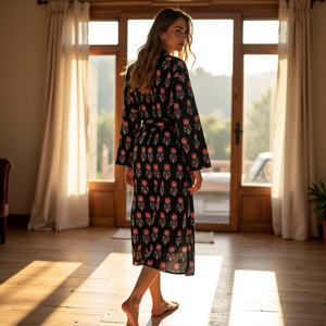 Venta al por mayor de algodón suave floral bloque impreso bata ligera cómoda mujer Loungewear Kimono - Product Image 4