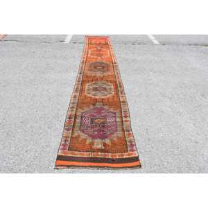 2.5x13.6 ft <b>Runner</b> Turkish <b>Rug</b>, Orange Floral Vintage <b>Rug</b> - Product Image 1