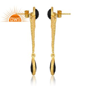 Meilleure vente de boucles d'oreilles pendantes en argent sterling plaqué or 18 carats avec pierres précieuses en onyx noir naturel fabricant de bijoux fins - Product Image 3