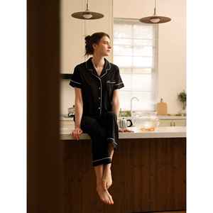 NakedSoft Women's Casual Short Sleeve Capri <b>Pajama</b> <b>Set</b> <b>Black</b> Bamboo Floral Print Knitted Soft ODM Homewear Cartoon Characters - Product Image 6