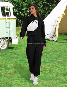 Pantalones de chándal Jogger con forro polar y capucha de patrón sólido para mujer, ropa deportiva, chándal de 2 piezas con decoración de encaje - Product Image 3