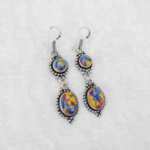 Boucles d'oreilles pendantes en mosaïque de jaspe multi-pierres, plaquées argent 925, faites à la main, bijoux bohèmes, boucles d'oreilles en pierres précieuses, cadeau - Product Image 3
