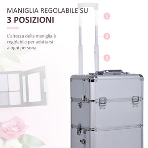 HOMCOM-Estuche de belleza 2 en 1 con mango ajustable de 3 niveles y ruedas, carrito de maquillaje profesional para maquillaje en aluminio, 35,5x2 - Product Image 6