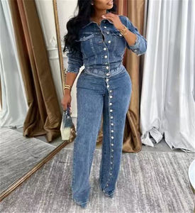 Conjunto de Chaqueta Vaquera de Manga Larga con Botones y Pantalones Vaqueros de Pierna Ancha de Cintura Alta para Mujer, Diseño Sólido, Relleno de Algodón, Atuendos Casuales - Product Image 1