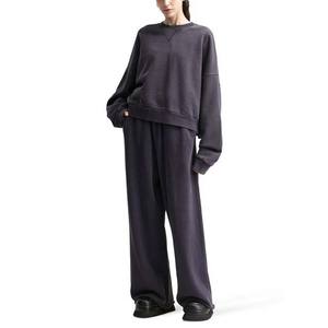 Sweat-shirts d'hiver 100% coton à col rond côtelé, ourlet court, épaules tombantes, poignets à col rond, couleur unie, imprimé délavé - Product Image 4