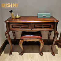 Table de toilette classique américaine en bois massif sculpté avec miroir, meuble de chambre antique, coiffeuse européenne avec tabouret