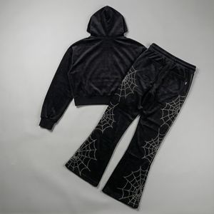 Luxury velvet <b>tracksuit</b> set with rhinestone print hoodie and joggers, soft feel, premium finish, streetwear fashion wear - Product Image 6