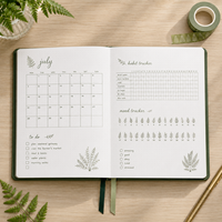Carnet de notes botanique A5 personnalisé LABON, couverture rigide, motif jardin de fougères, avec logo, suivi des habitudes et de l'humeur, idéal pour le bureau ou comme cadeau