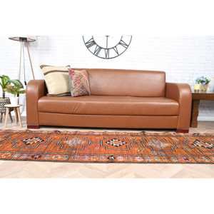 Tapis vintage 2,6x9 pieds, tapis turc en laine orange et noir à bordures - Product Image 4