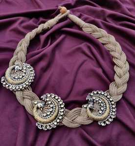 Doble tono Kundan piedra Pavo Real cara Chandbali diseñador colgante fiesta desgaste yute collar largo para mujeres y niñas collar único - Product Image 1