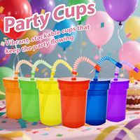 Gobelets de fête réutilisables en plastique avec couvercles et pailles spirales – Vente en gros, empilables, couleur néon, pour événements estivaux
