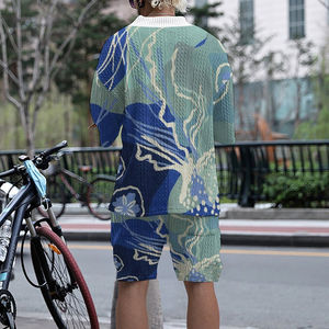 Ensemble deux pièces pour homme, tendance estivale, style vintage, décontracté, t-shirt à manches courtes à col en V, shorts, respirant, tricoté en polyester/coton - Product Image 2