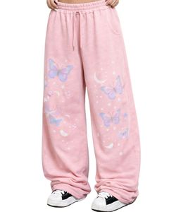 Pantalons de survêtement à jambes larges personnalisés avec imprimé papillon rose et lune, pantalons de survêtement en molleton surdimensionnés mignons pour femmes, streetwear, OEM ODM personnalisé - Product Image 1