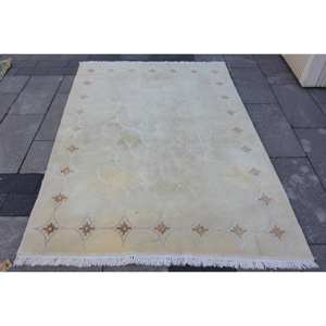 Tapis turc moderne de grande surface de 4.6x6.4 pieds, motif patchwork en jute beige, support en latex pour couloir chambre à coucher modèle chambre tapis de chevet - Product Image 1