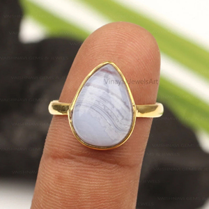 Bague pierre précieuse agate dentelle bleue naturelle 10x14mm forme de poire argent sterling 925 plaqué or éternité vermeil bijoux fins pour femmes - Product Image 4