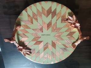 Modern Design Wooden Round Tray with Gold Metal Handles Solid Wood Patchwork Serving Tray for Home & Kitchen Gifting - Product Image 6
