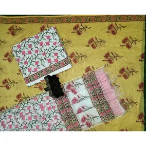 ผ้าคลุมไหล่ชานเดรีผ้าฝ้ายทำมือลายใบไม้สีเหลือง ขนาด 2.5 เมตร น้ำหนักเบา เหมาะสำหรับฤดูร้อน แบรนด์วินายากัม แฮนด์คราฟท์  ลายพิมพ์บล็อกด้วยมือ  สำหรับงานปาร์ตี้ - Product Image 6