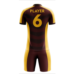 Conjunto de Uniforme de Fútbol para Hombre, Color Granate y Amarillo a Rayas, Cuello en V, Manga Corta, Poliéster que Absorbe la Humedad, con el Número 6 Impreso - Product Image 2