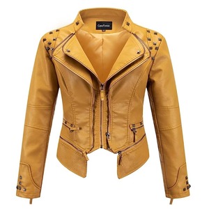 Style Costume Col Rivet Taille Courte Cuir Lavé ock Rivet Veste en Cuir pour Femmes Slim Short Streetwear Gothique Broderie - Product Image 1