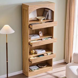 Étagère à livres en bois cintrée avec tiroirs coulissants, vitrine autoportante pour salon, bibliothèque de rangement - Product Image 1