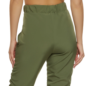 กางเกงขายาวผู้หญิงไซส์ใหญ่คุณภาพสูงสำหรับฤดูใบไม้ผลิ ทรงเลกกิ้งขาบาน ด้านหน้าเรียบ ระบายอากาศได้ดี มีเชือกผูกเอว สไตล์ลำลอง สีพื้น - Product Image 4