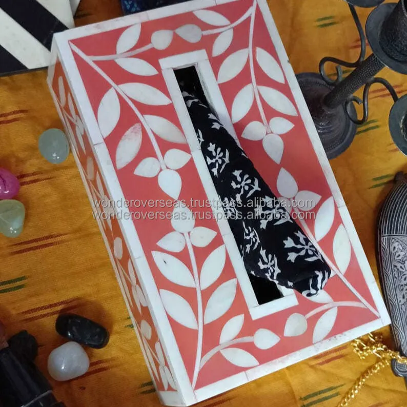 뼈 상감 티슈 홀더 디자이너 꽃 디자인 수제 뼈 상감 티슈 종이 상자 도매 수출기 판매 BY WONDER O