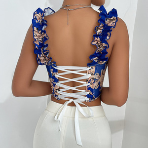 Nouveauté - Débardeur sexy à col en V, respirant, imprimé corset, rembourré, sans manches, à bretelles, pour femmes, polyester/coton - Product Image 2