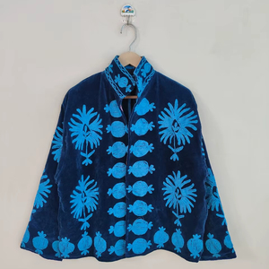 Boho Blue <b>Velvet</b> Suzani <b>Jacket</b> Embroidered Winter Coat, <b>Velvet</b> Suzani Embroidered <b>Jacket</b>: Bohemian Artisanal Coat - Product Image 1